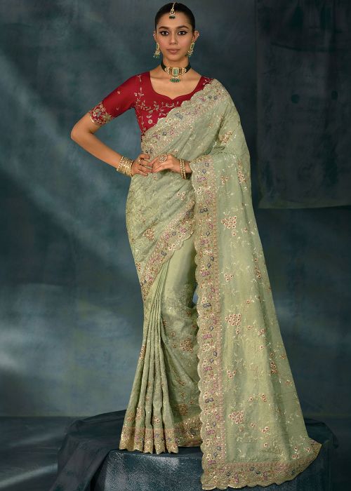 Green Embroidered Saree In Silk