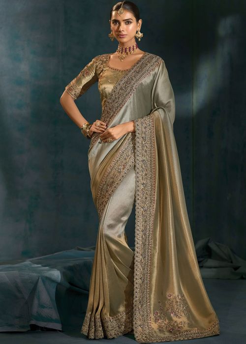 Grey Dual Tone Embroidered Saree In Silk