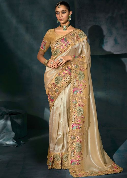 Cream Embroidered Silk Saree