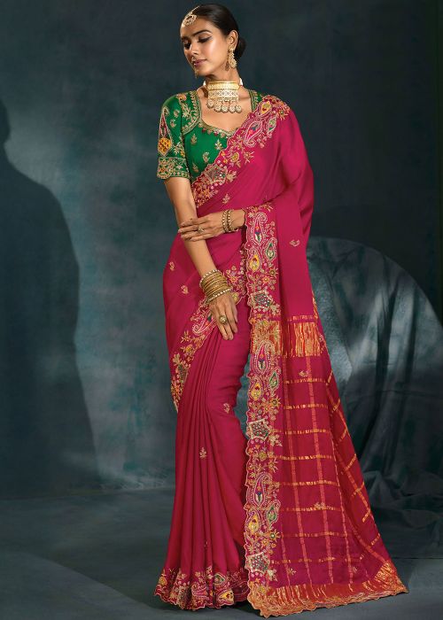 Pink Zari Work Heavy Border Saree In Silk