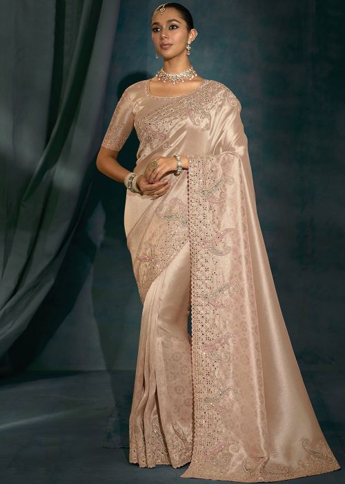 Peach MirroR Work Saree In Silk