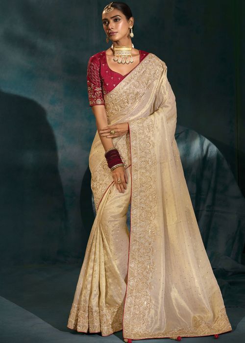 Cream Zari Embroidered Saree In Silk