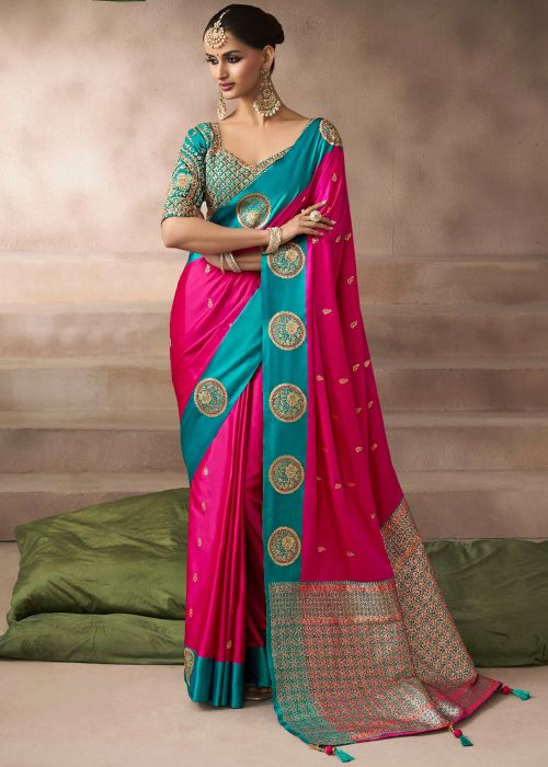 Rani Pink Satin Saree With Zari Border