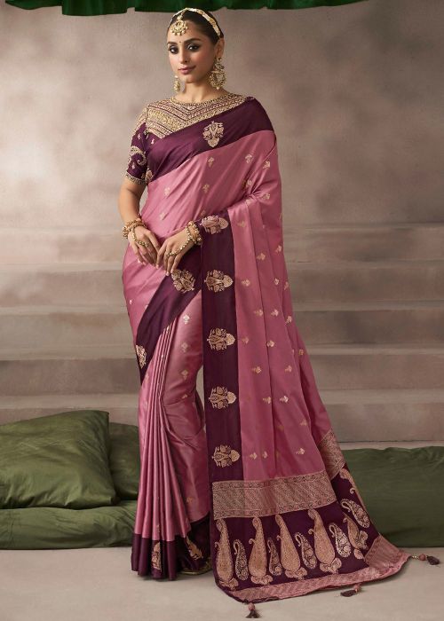 Mauve Pink Satin Saree With Zari Work