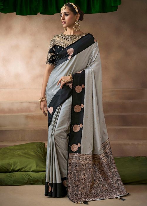 Grey Satin Saree With Black Zari Border