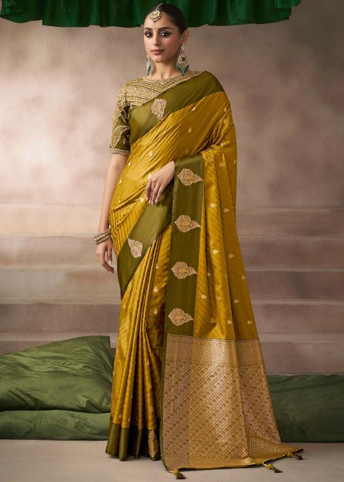 Yellow Satin Saree With Zari Motifs