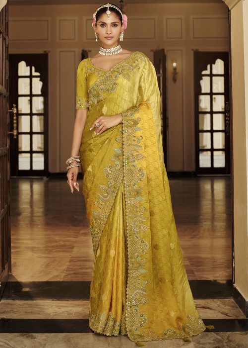 Mustard Yellow Silk Saree With Detailed Embroidery