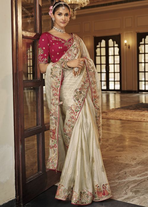 Off White Silk Saree With Embellished Pink Blouse