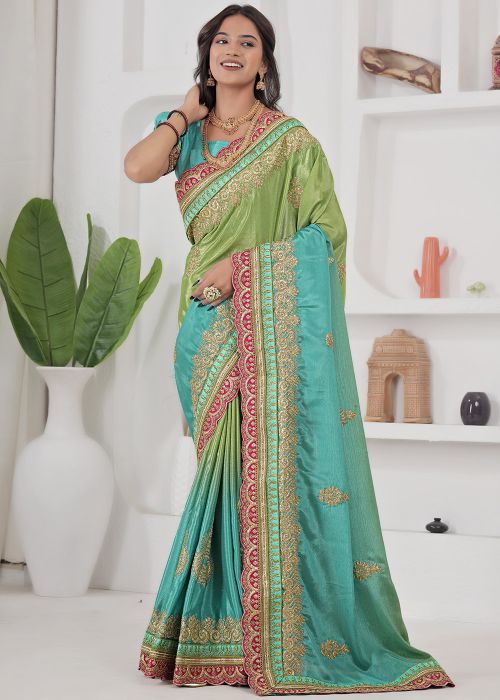 Green Chiffon Saree with Dori Embroidery Border