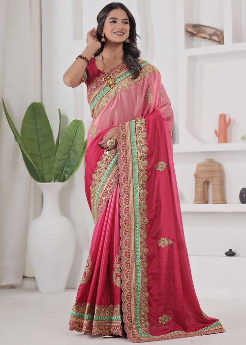 Pink Chiffon Saree with Dori Embroidery Border
