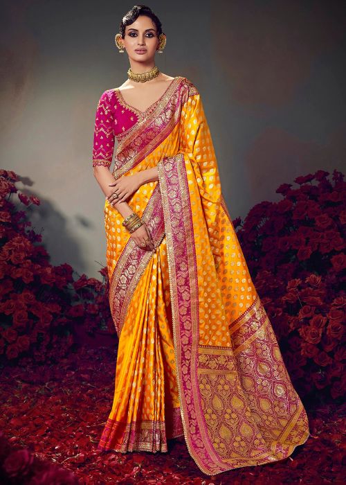 Yellow Satin Saree With Zari Woven Border