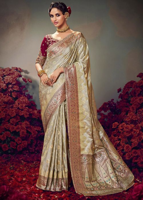 Beige Satin Saree With Zari Woven Work