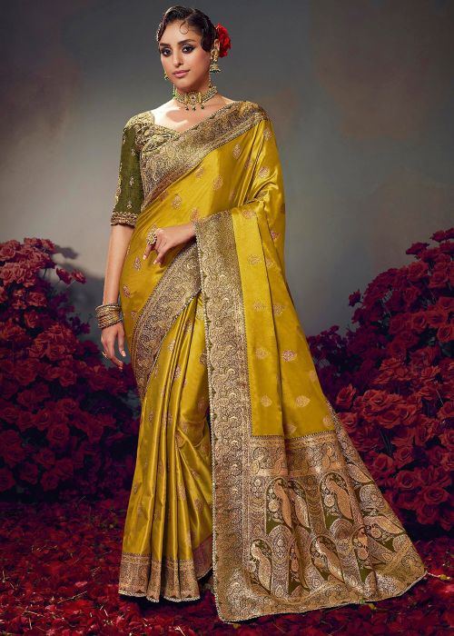 Yellow Satin Saree With Green Embroidered Blouse