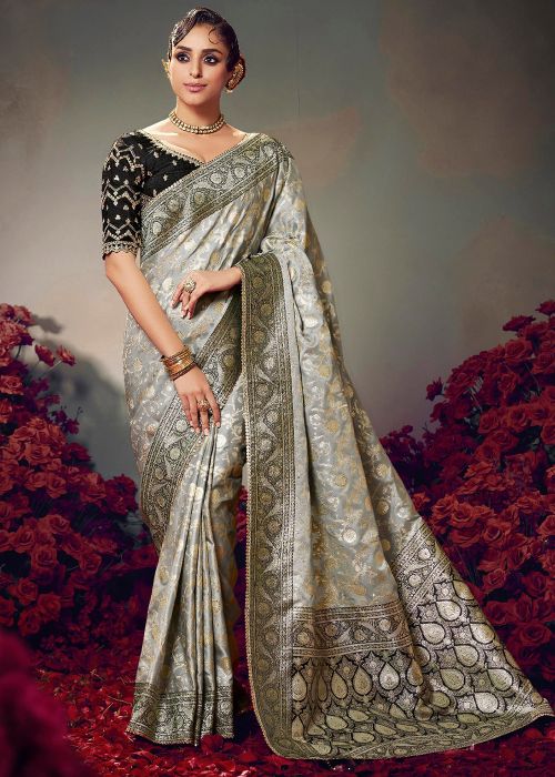 Silver Satin Saree With Zari Woven Patterns