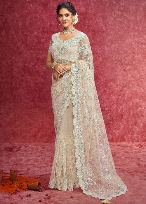 Beige Embroidered Saree In Net