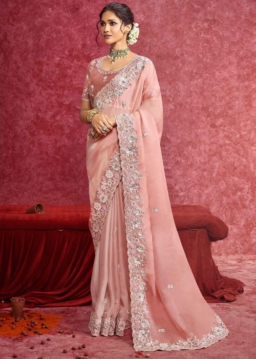 Pink Embroidered Heavy Border Saree