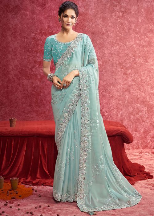 Blue Embroidered Art Silk Saree
