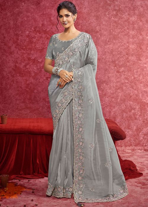 Grey Embroidered Saree In Art Silk