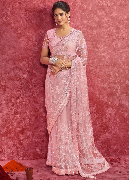 Pink Embroidered Heavy Pallu Saree In Net