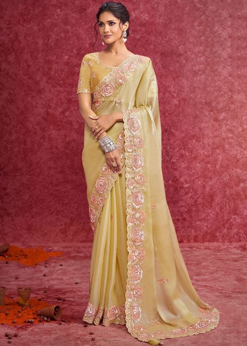 Yellow Embroidered Heavy Border Saree