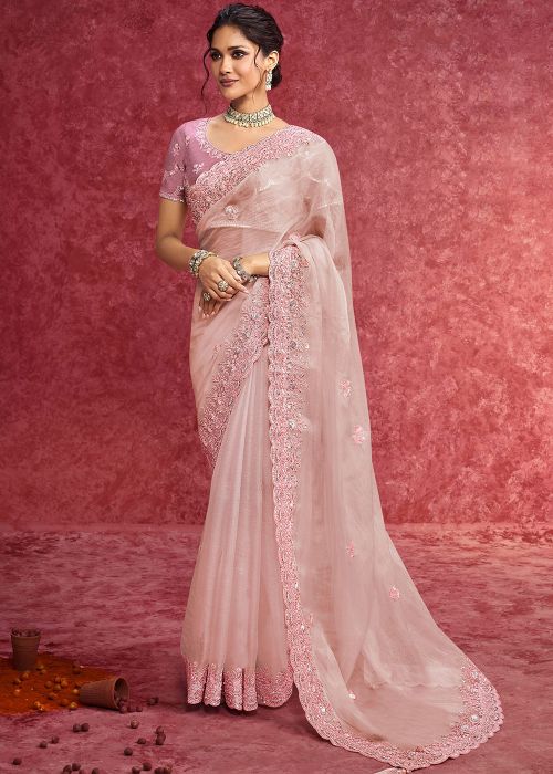 Pink Embroidered Saree In Art Silk