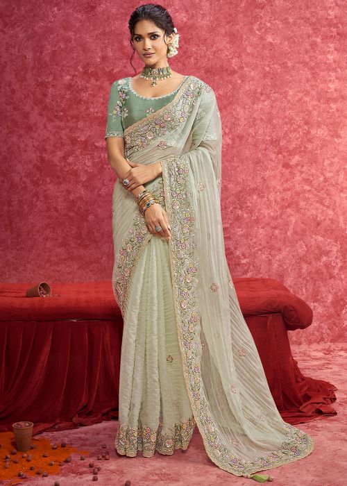 Green Embroidered Art Silk Saree 