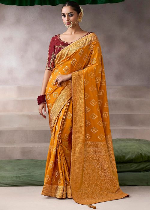Mustard Yellow Woven Saree With Maroon Blouse