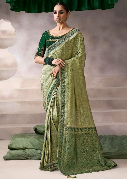 Sage Green Saree With Green Blouse Detailing