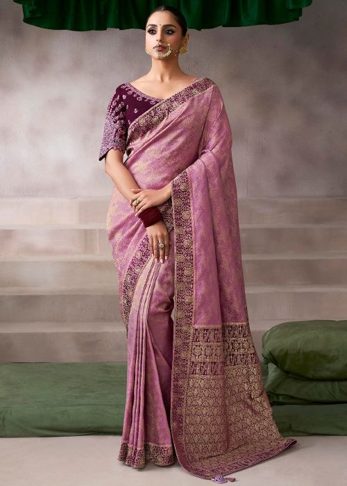 Pink Crape Saree With Magenta Blouse Embroidery