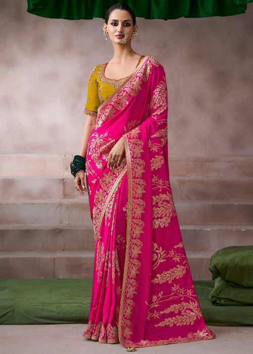 Hot Pink Crape Saree With Embroidered Blouse