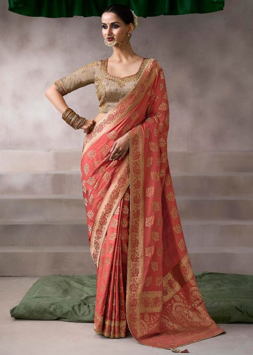 Peach Crape Saree With Embroidered Blouse