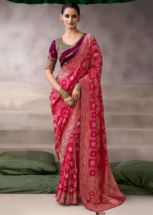 Crimson Red Crape Saree With Purple Blouse Embroidery