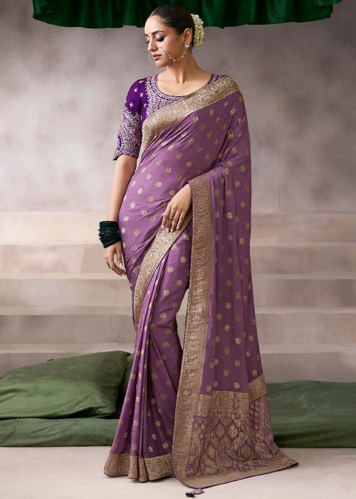 Purple Crape Saree With Zari Woven Work