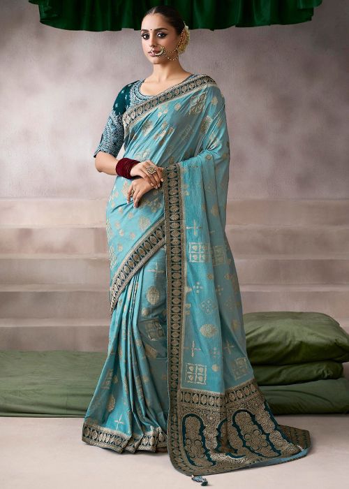 Sky Blue Woven Saree With Embroidered Blouse