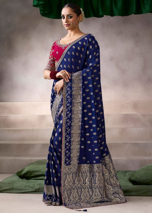 Navy Blue Crape Saree With Woven Detaling