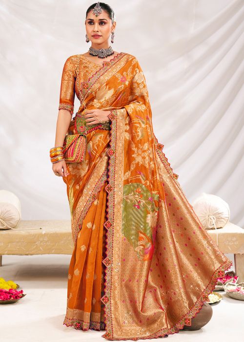 Orange Zari Woven Saree In Silk
