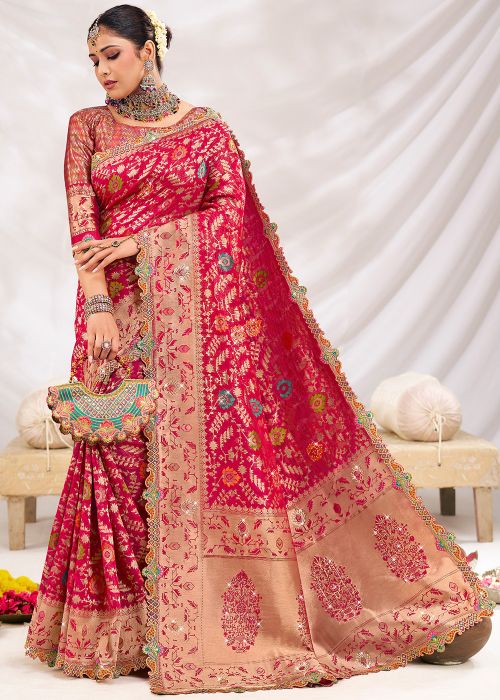 Pink Heavy Pallu Silk Saree In Zari Woven Work