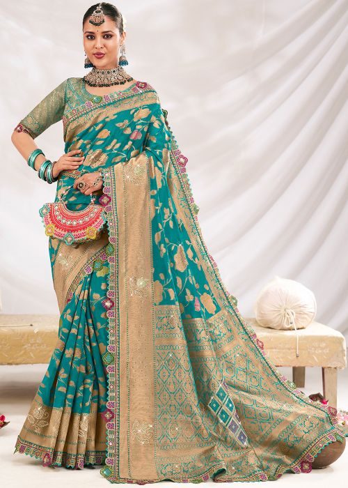 Blue Embroidered Saree In Silk