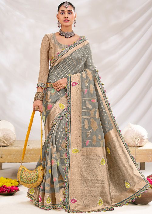 Grey Zari Woven Saree In Silk