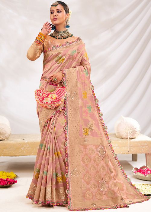 Pink Heavy Pallu Silk Saree In Zari Woven Work
