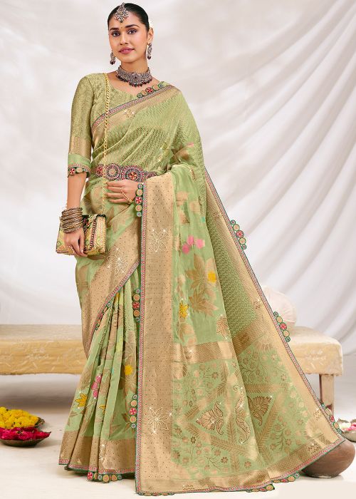 Green Embroidered Silk Saree