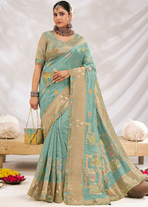 Turquoise Embroidered Saree In Silk