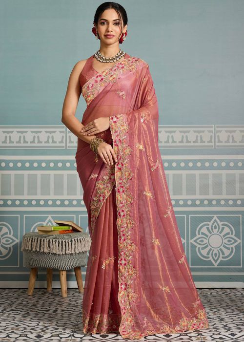 Pinkish Red Embroidered Saree In Net