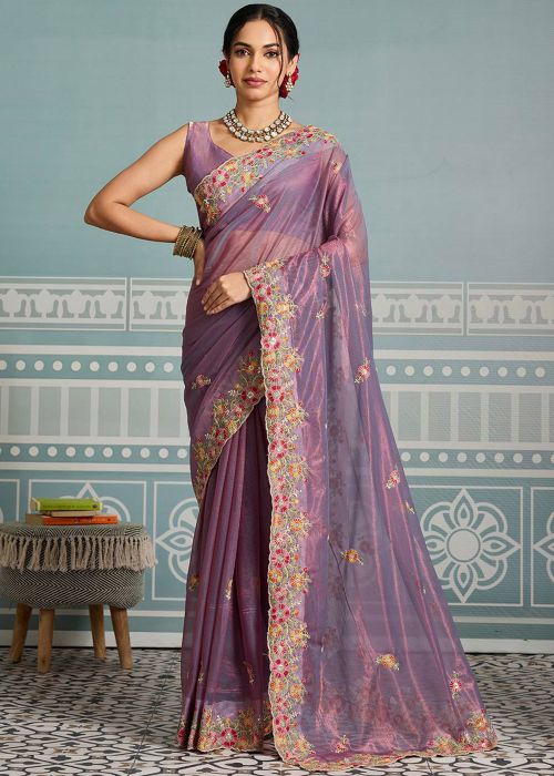 Lavender Embroidered Saree In Net