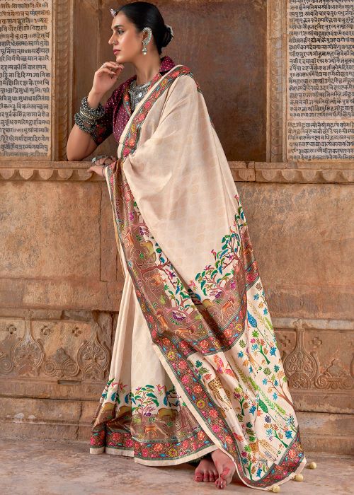 Cream Digiatl Print Saree In Viscose