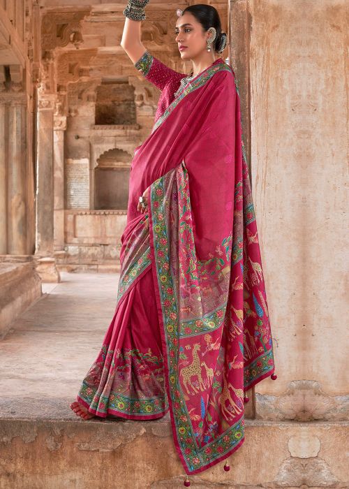 Pink Viscose Saree In Digital Print