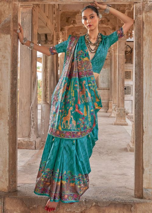Turquoise Digital Print Saree In Viscose