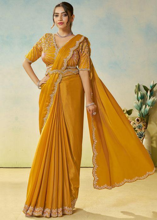 Mustard Yellow Pre-Stitched Satin Saree With Embroidery