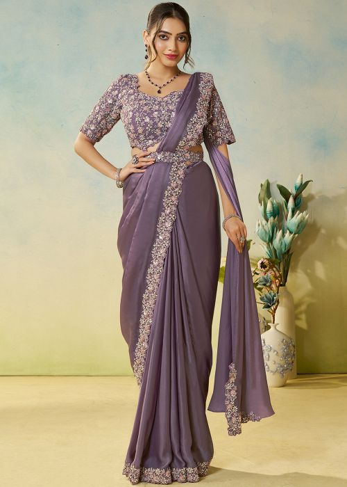 Lavender Pre-Stitched Saree With Embellished Blouse