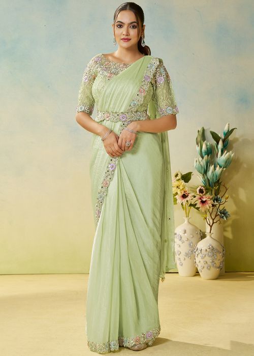 Mint Green Pre-Stitched Saree With Embellished Blouse